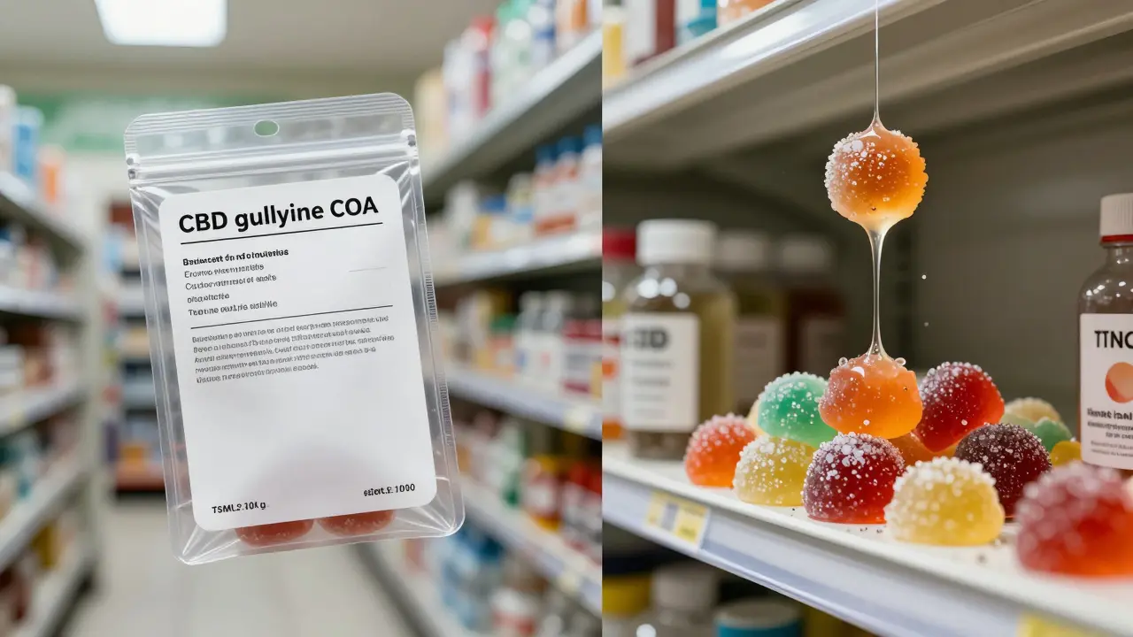 Hochwertiges CBD-Kaugummi neben Zertifikat vs. minderwertiges Produkt mit künstlichen Zusatzstoffen und THC-Kristallen.