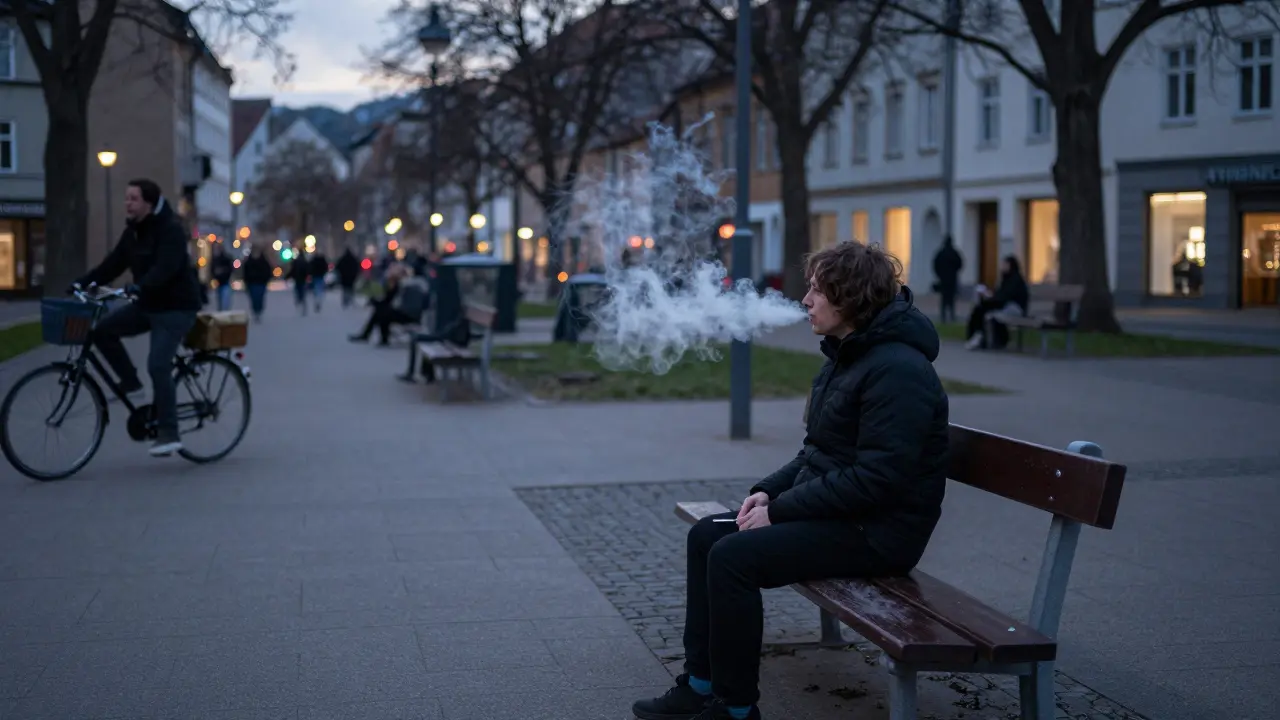 Jemand atmet in einem Stadtpark aus, der Dampf verpufft sofort — niemand bemerkt es.