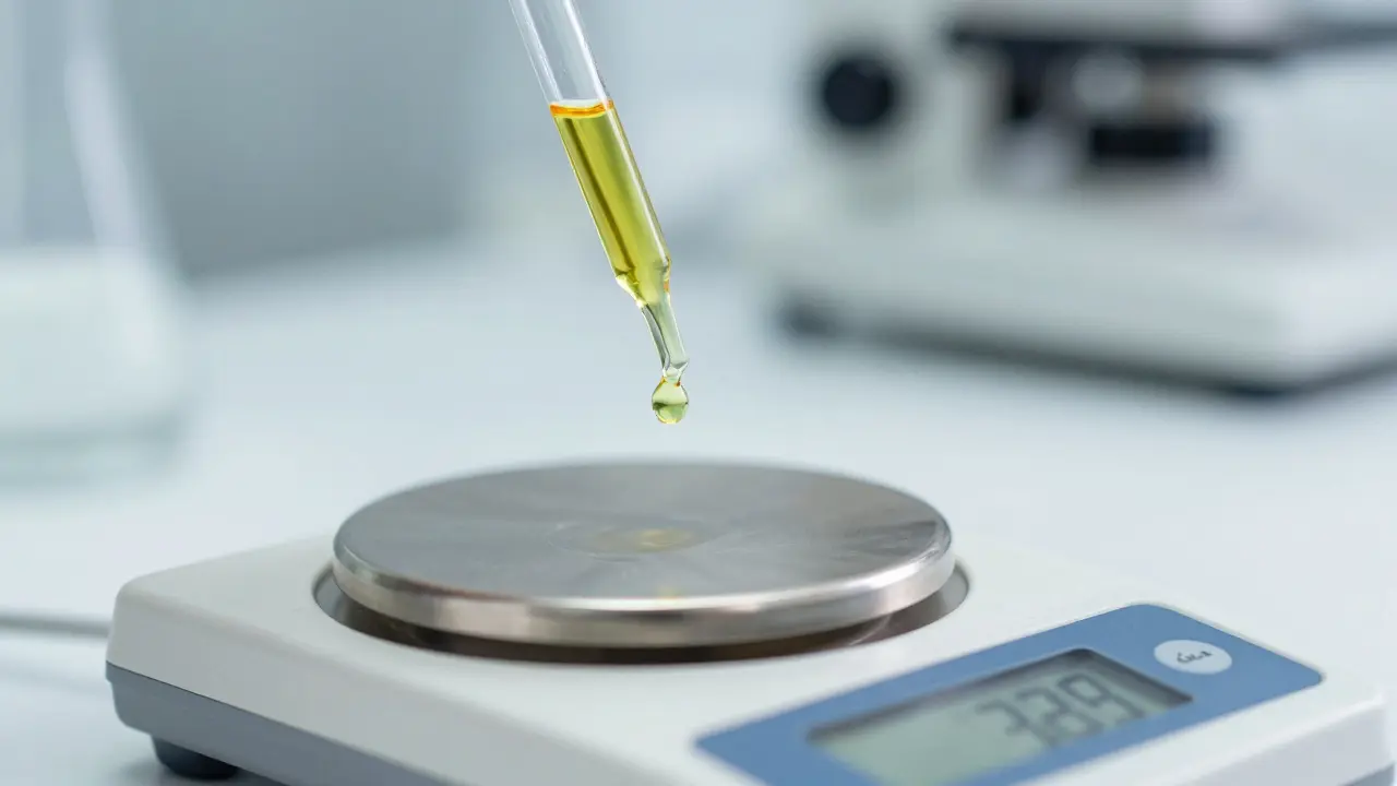 Laboranalyse von Hanföl mit Pipette, Fokus auf Reinheit.