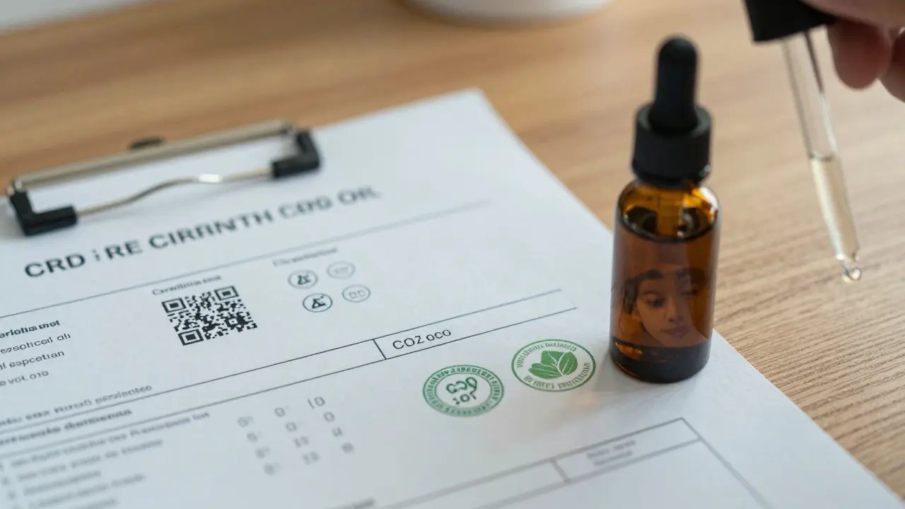 Laborbericht und CBD-Flasche mit Zertifizierungszeichen auf holziger Oberfläche.