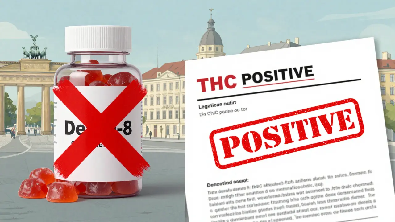 Linker Teil: Delta-8-Gummis mit rotem X, rechter Teil: Dokument mit 'THC POSITIVE', europäische Stadtlandschaft im Hintergrund.