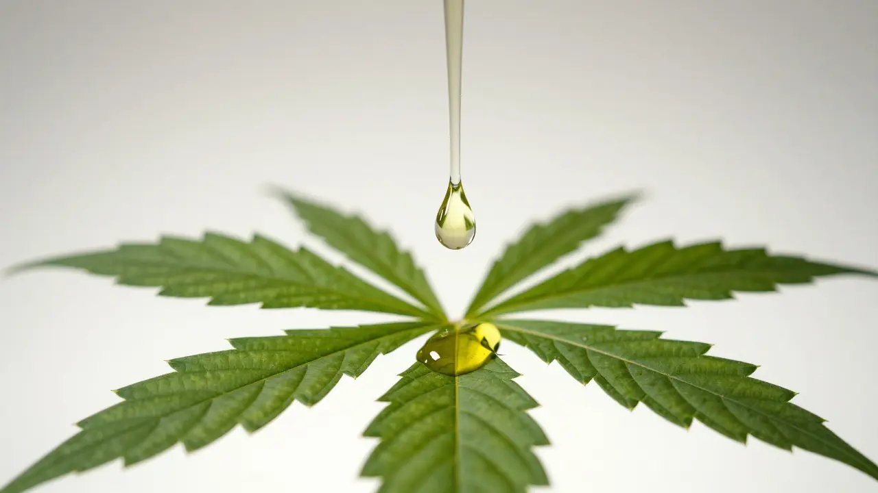 Makroaufnahme eines Öltropfens auf einem grünen Blatt.