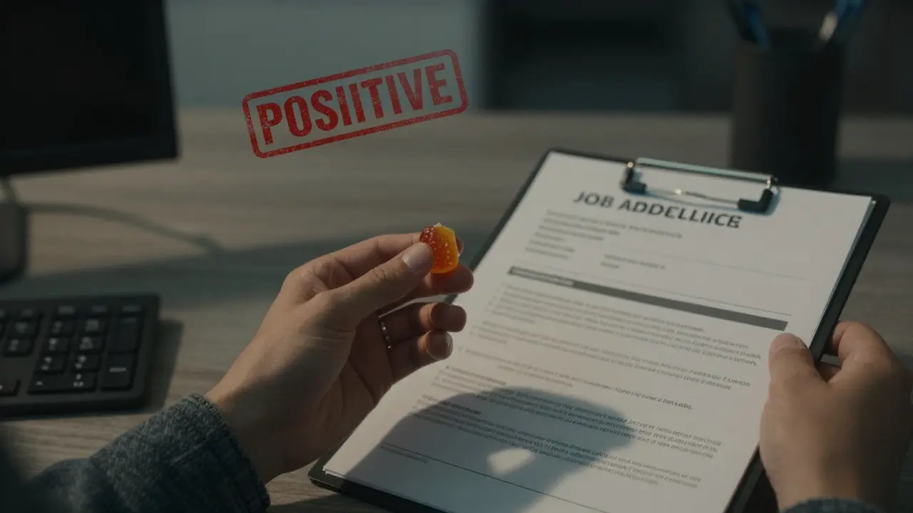 Menschen halten eine Delta-8-Gummibonbon und einen Jobantrag, ein rotes 'POSITIVE' über ihnen.