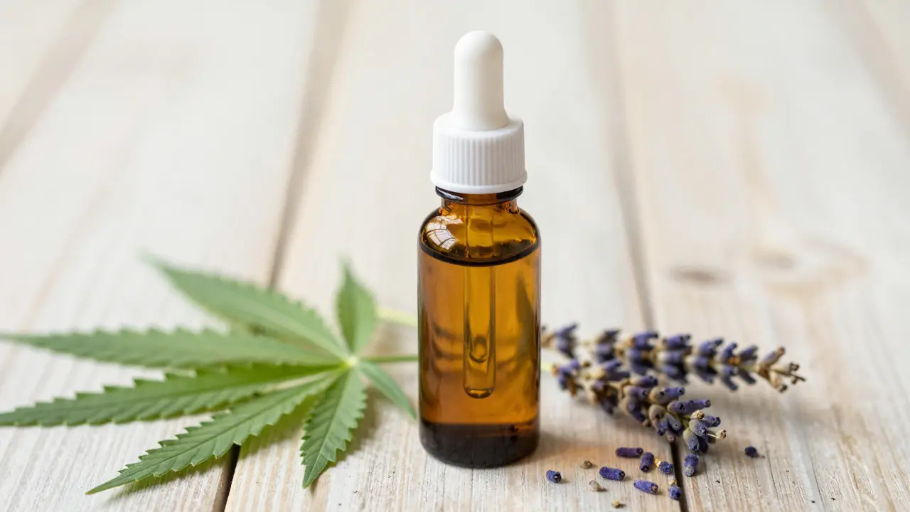 Nahaufnahme einer Ölflasche umgeben von Hanfblättern und Lavendelblüten.