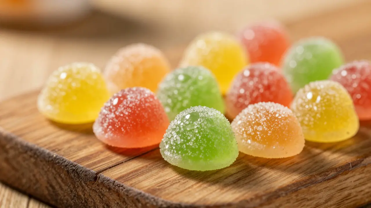 Nahaufnahme von bunten Kaugummis auf einer Holzunterlage bei warmer Beleuchtung.