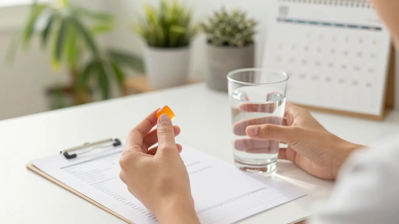 Person mit CBD-Kaugummi und Wasser, Bluttest mit normalen Leberwerten auf dem Tisch im Morgenlicht.
