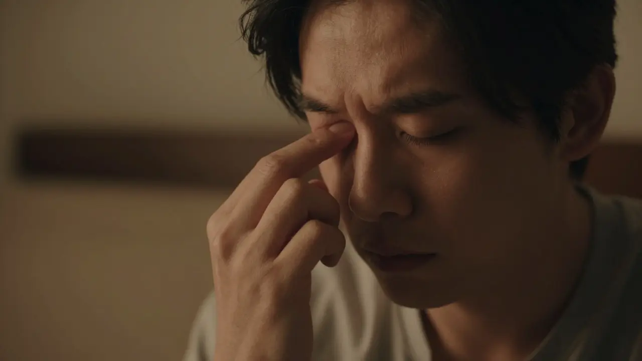 Person reibt sich das trockene Auge unwohl