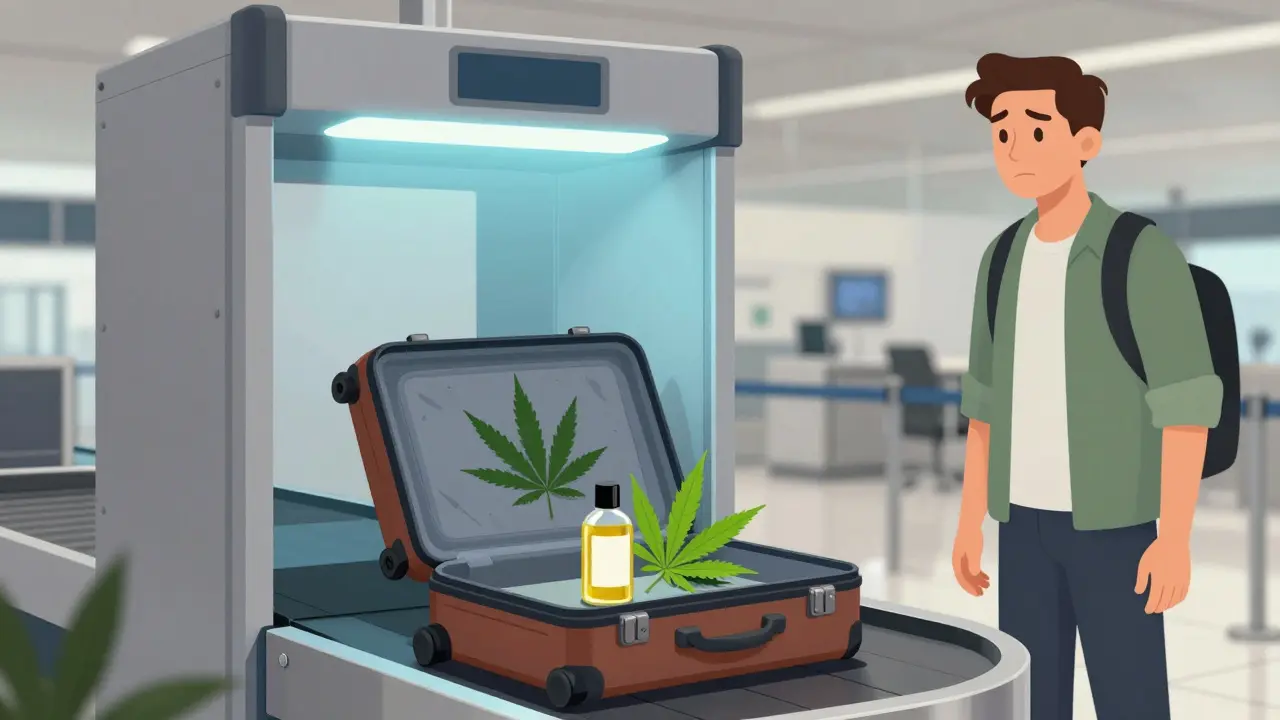 Reisender am Flughafen mit Gepäck, Sicherheitsscan.