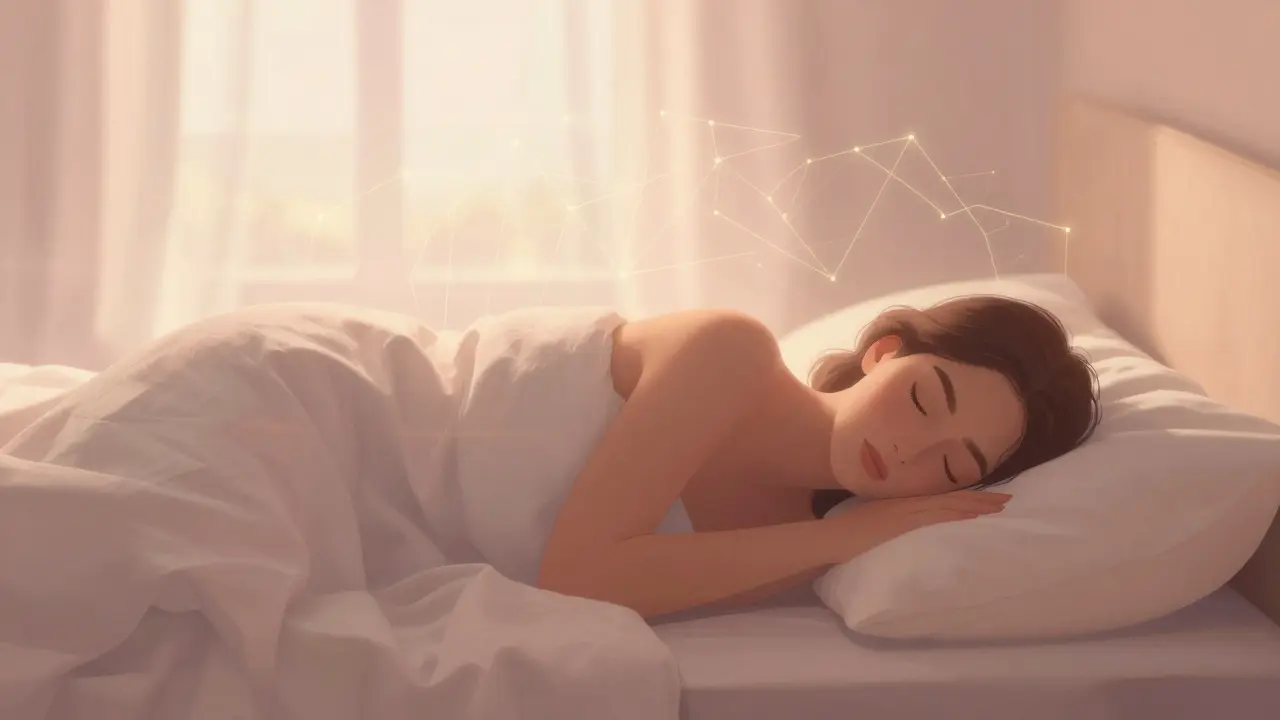 Sanfte Darstellung des erholsamen Schlafs mit goldenen Linien der Balance.