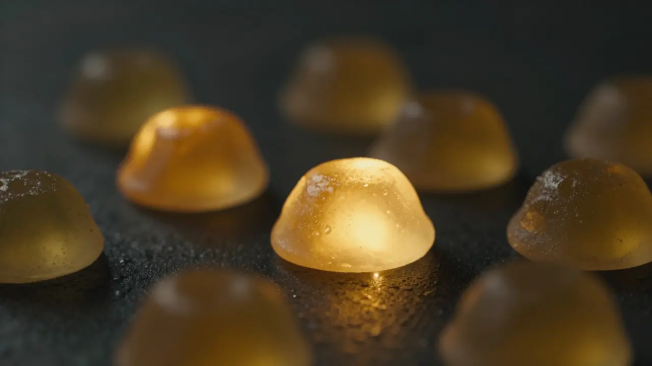Transluzente Gummibärchen mit goldenem inneren Leuchten auf Holz.