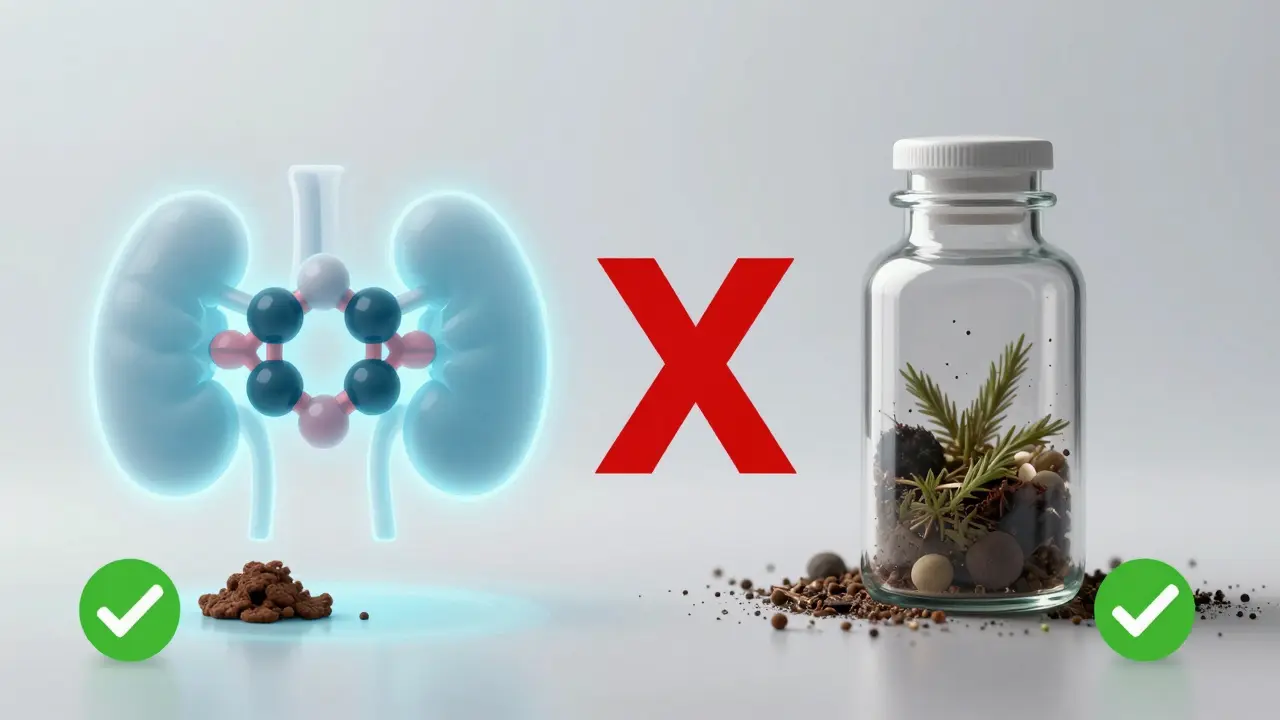 Vergleich: Reines CBD wird sicher abgebaut, während verschmutzte Produkte mit Schadstoffen durch ein rotes X gekennzeichnet sind.