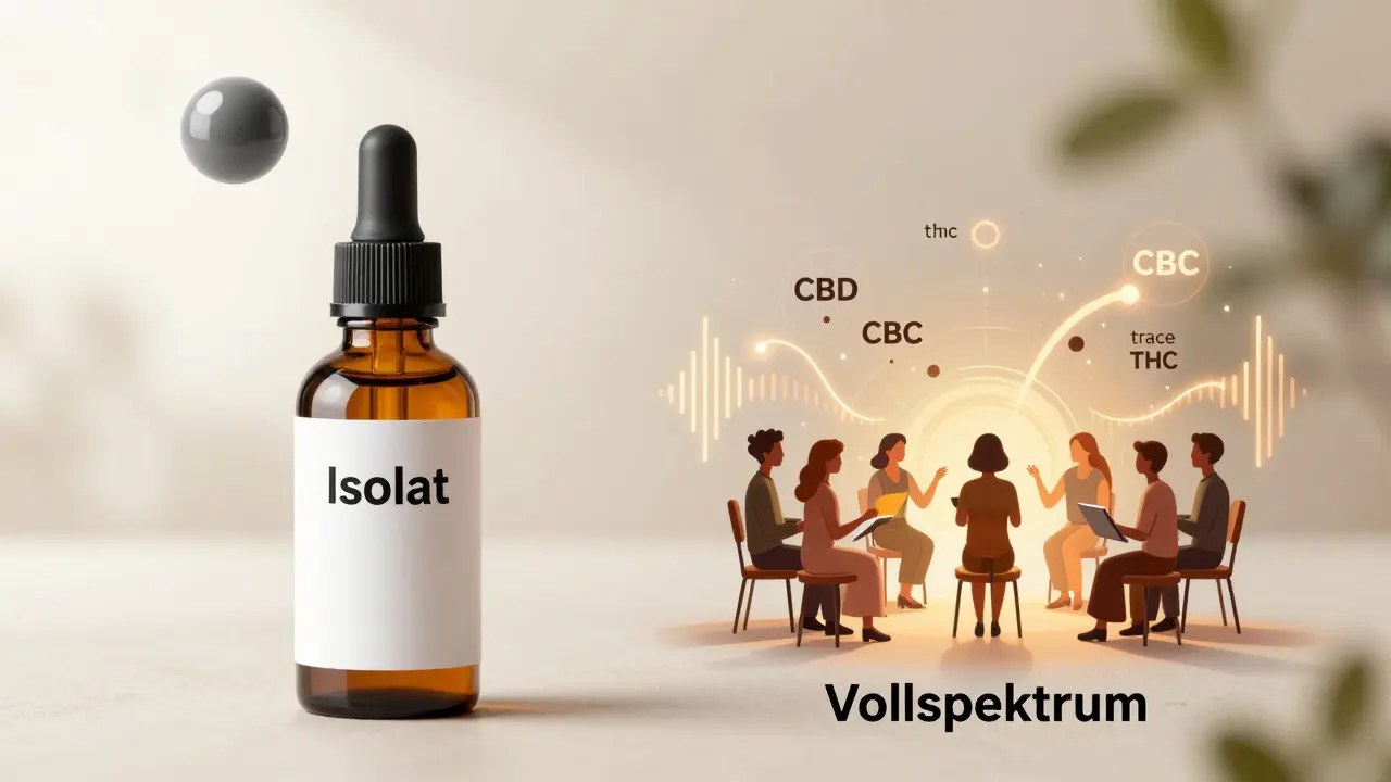 Vergleich von CBD-Isolat und Vollspektrum-Öl mit symbolischen Molekülen und klanglichen Wellen.