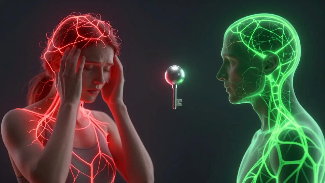 Vergleich von gestressten und ausgeglichenen Nervenbahnen mit einem CBD-Molekül als Schlüssel