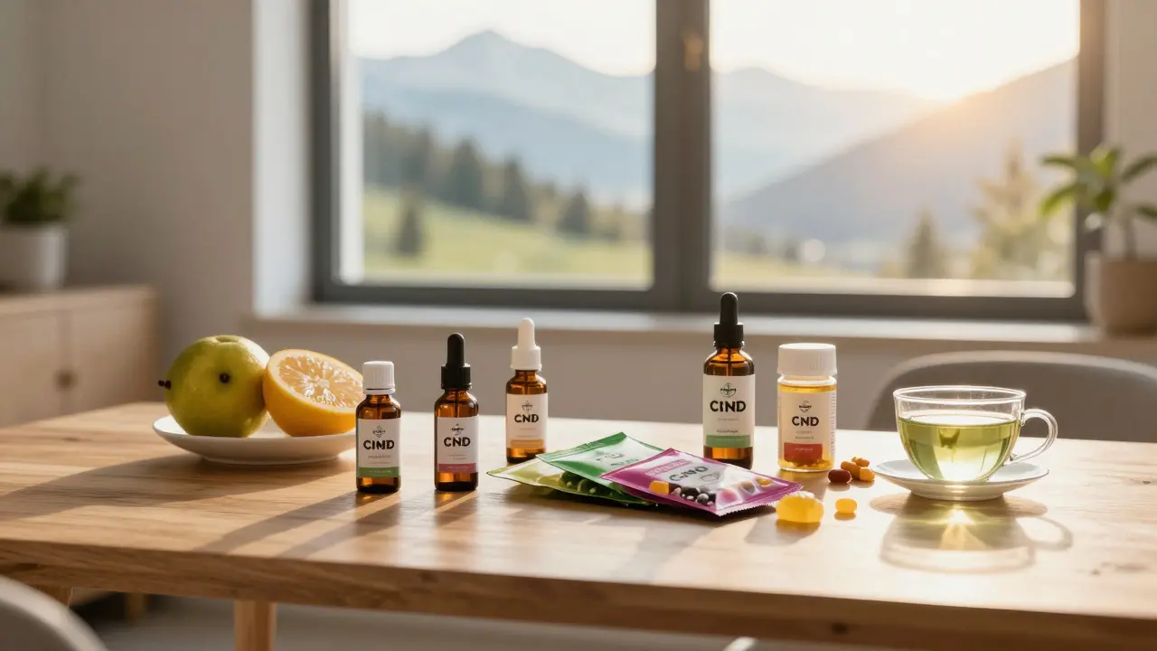 Vielfältige CBD-Produkte auf Holztisch bei Sonnenaufgang als Wellness-Routine