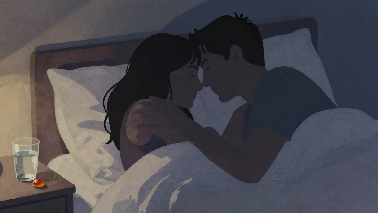 Zwei Silhouetten berühren sich sanft auf dem Bett, eine CBD-Gummibonbon liegt auf dem Nachttisch.