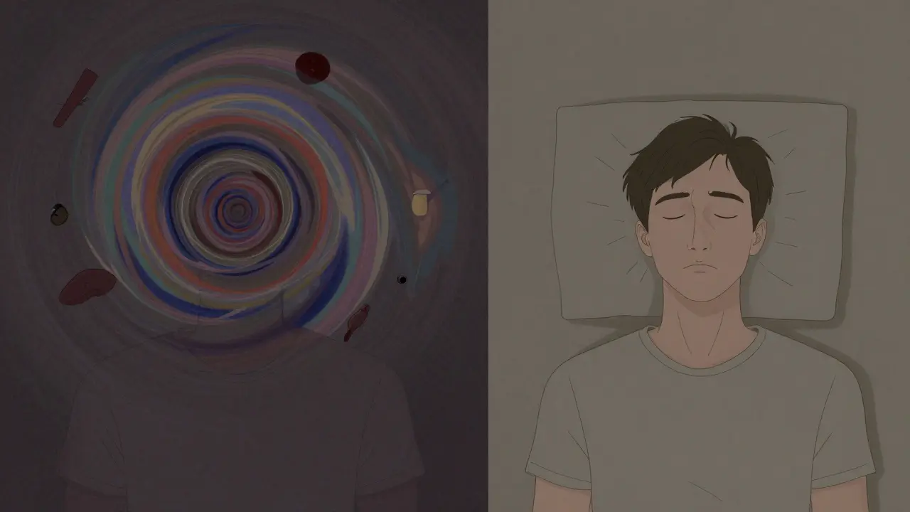 Zwei Szenen: links verwirrte, verzerrte Wahrnehmung, rechts ruhige Erholung in gedämpftem Licht