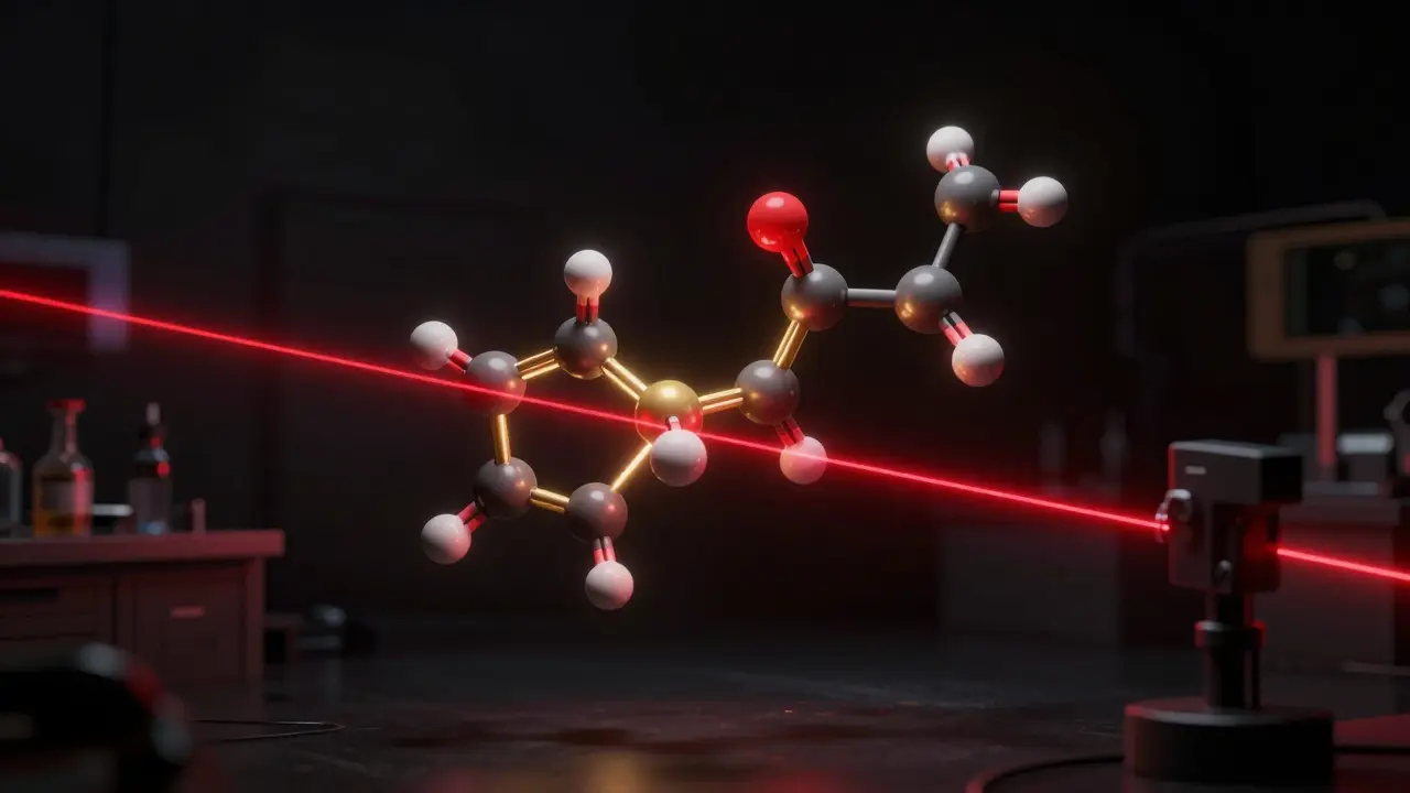 3D-Modell eines THCP-Moleküls, das von einem roten Zoll-Scanlaser analysiert wird.