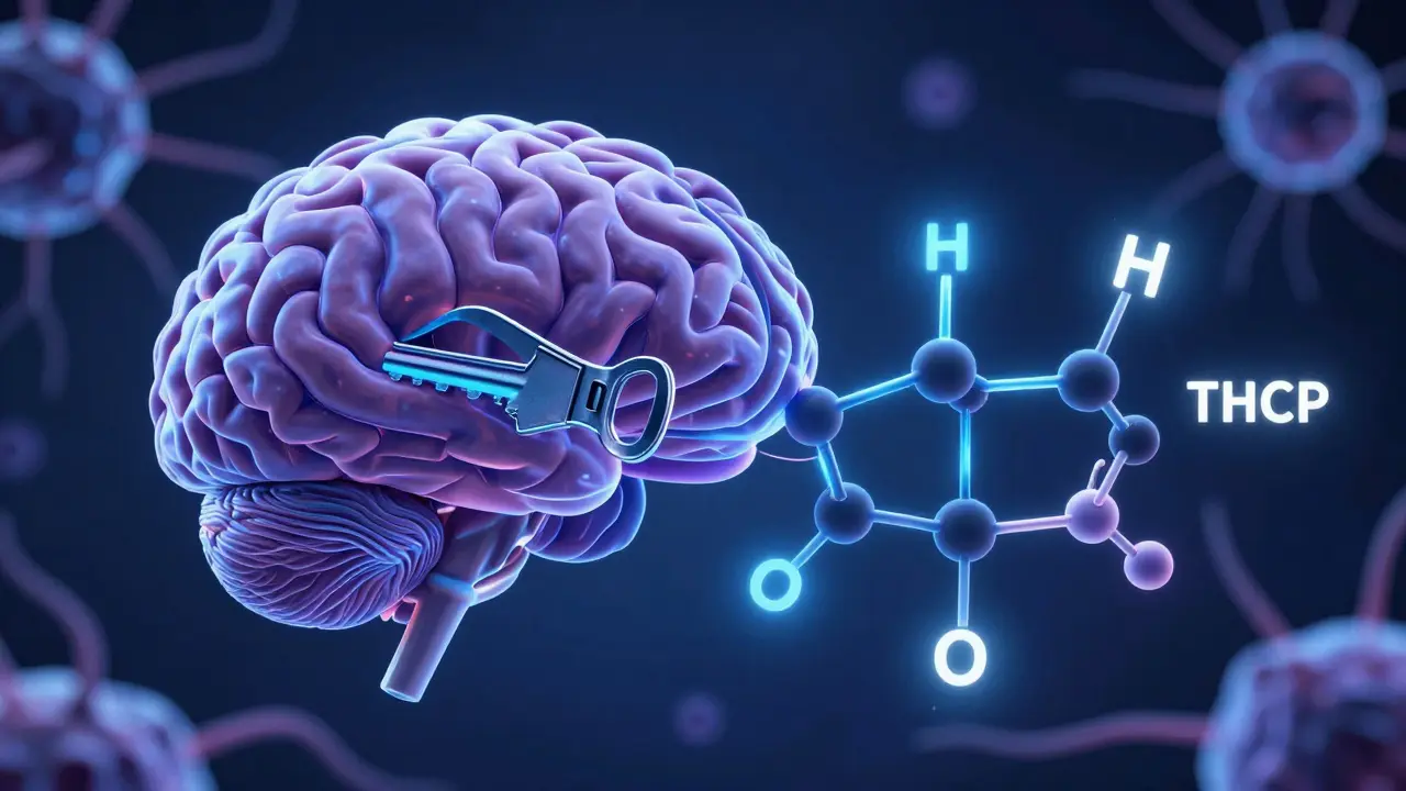3D-Visualisierung von THC- und THCP-Molekülen an einem CB1-Rezeptor im Gehirn.