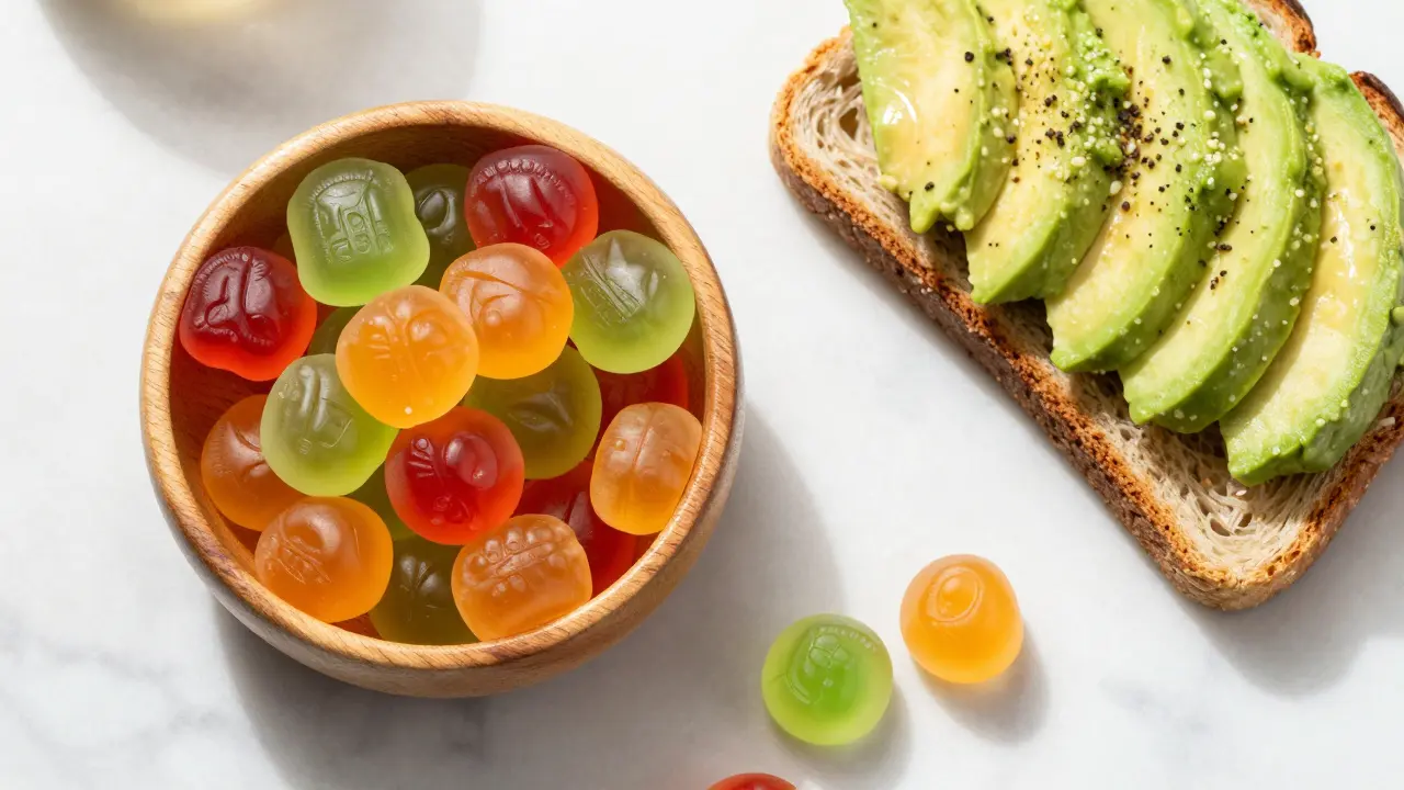 Bunte CBD-Gummies in einer Schale neben einem Avocado-Toast