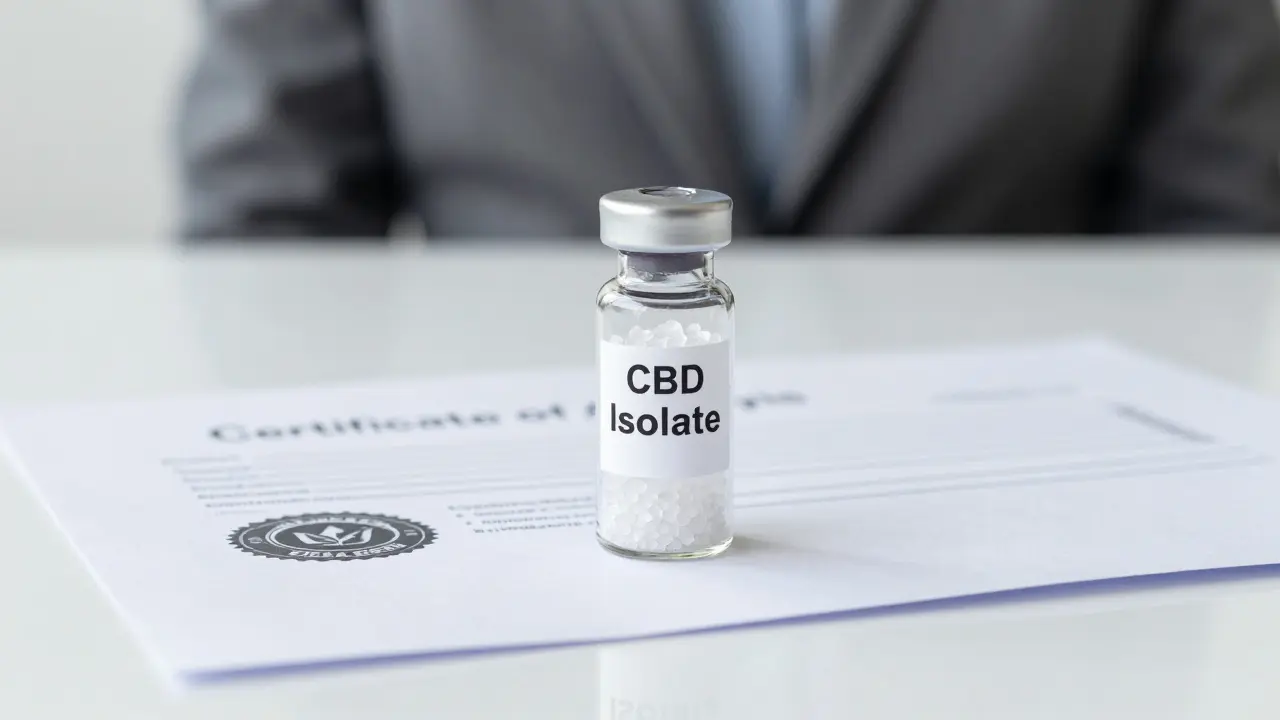 CBD-Isolat Kristalle in einem Glasflakon neben einem offiziellen Analysenzertifikat.