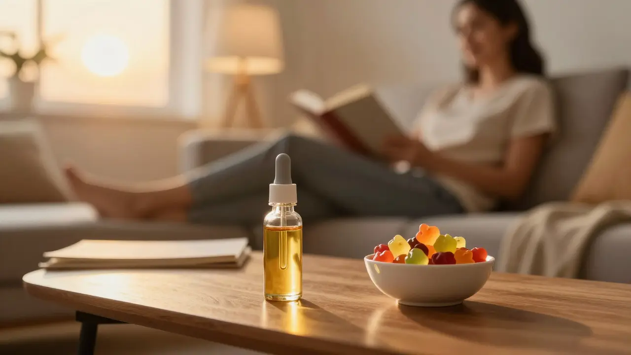 CBD-Öl und CBD-Gummibärchen auf einem Tisch in einem gemütlichen Wohnzimmer.