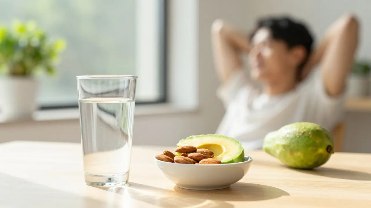 Ein gesundes Frühstück mit Avocado und Mandeln in hellem Morgenlicht für einen klaren Kopf.