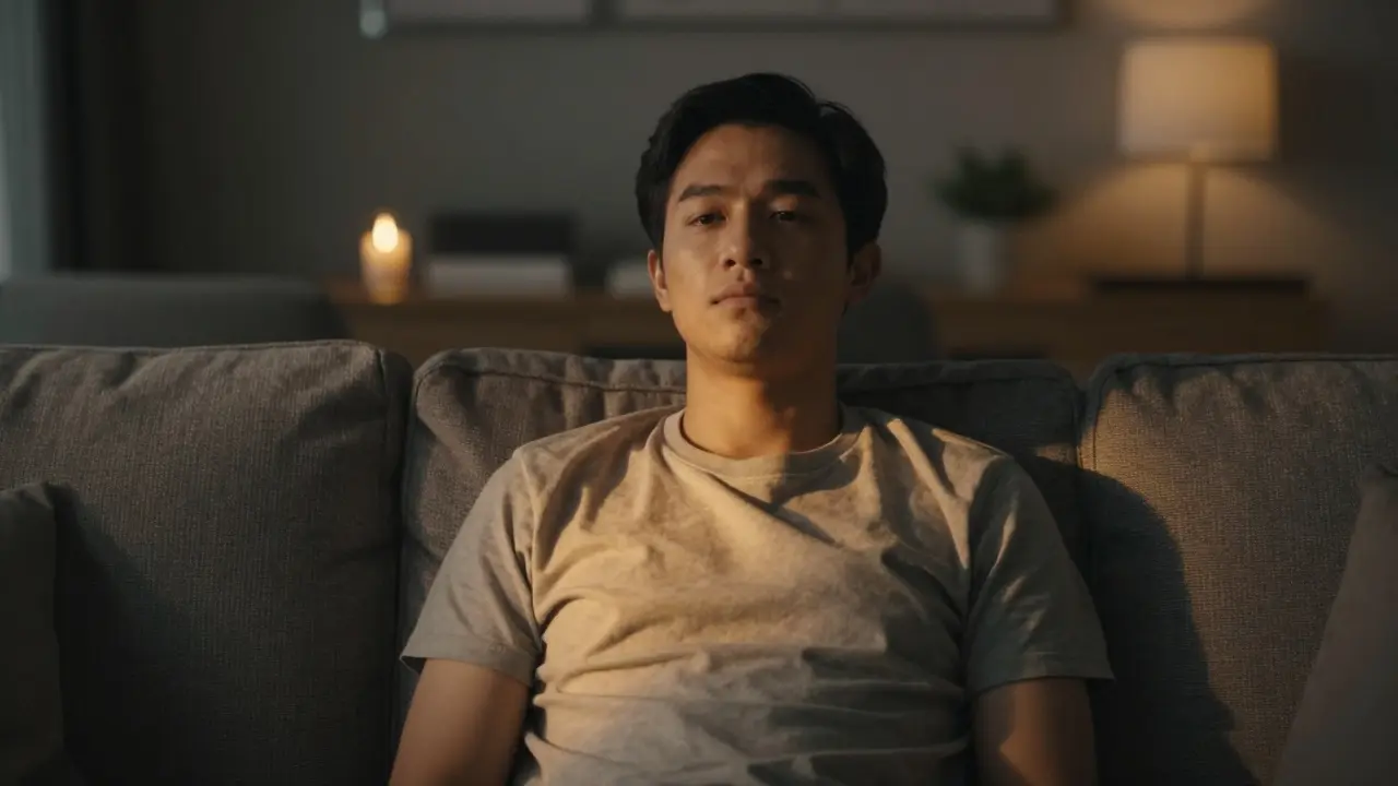 Ein Mensch sitzt entspannt, umgeben von sanftem, warmem Licht der Sicherheit.