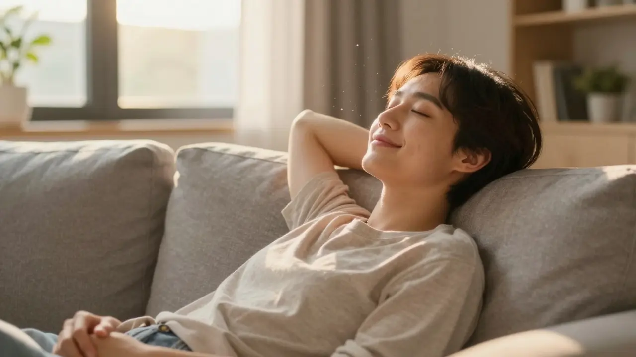 Eine entspannte Person auf einem Sofa in einem sonnendurchfluteten Wohnzimmer.