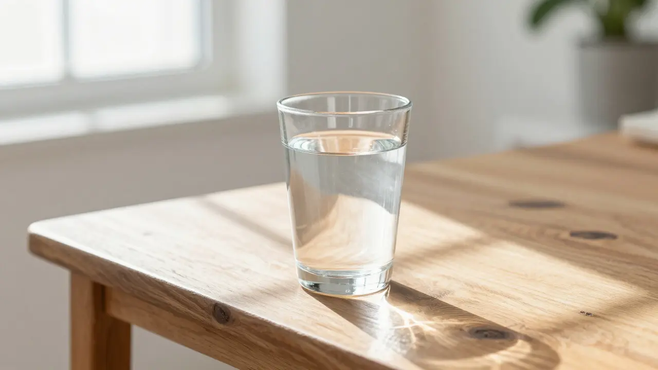 Eine klare Wasserglas auf Holz, die für Gesundheit und Ruhe stehen soll.