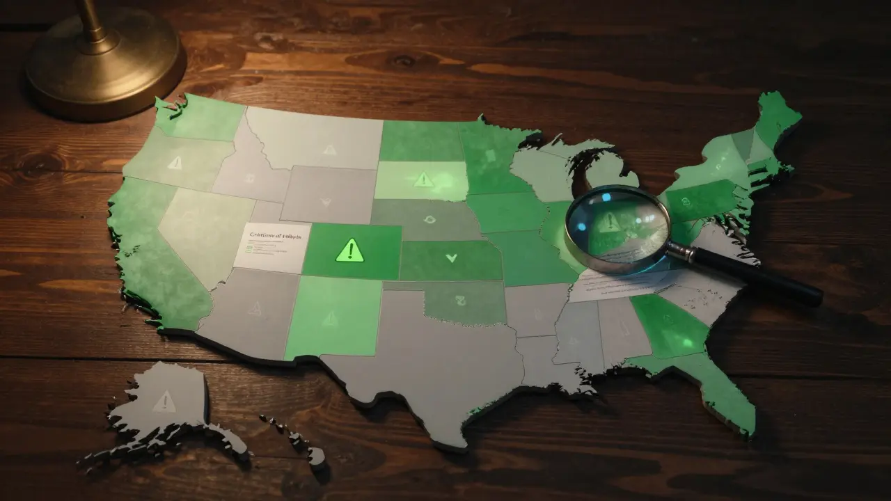 Eine Konzeptkarte der USA, die die unterschiedlichen rechtlichen Regelungen für CBD in den Bundesstaaten darstellt.