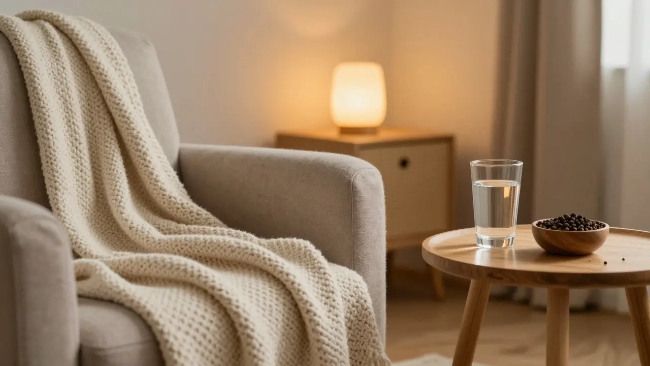 Gemütliche Wohnzimmerecke mit einer Decke, Wasserglas und Pfefferkörnern zur Beruhigung