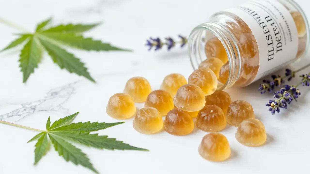 Hochwertige CBD-Gummies auf Marmor mit frischen Hanfblättern und Kräutern.