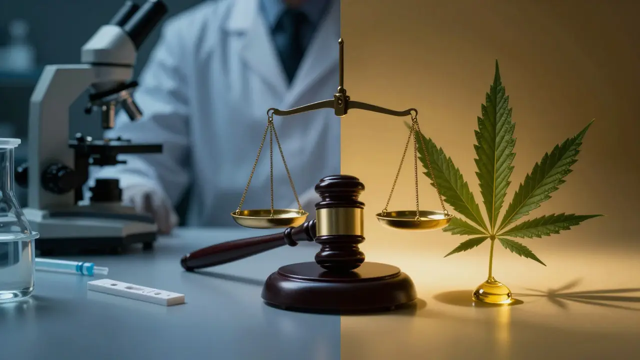 Konzeptbild: Gegenüberstellung eines Drogentests und Hanfextrakten durch eine rechtliche Grenze.