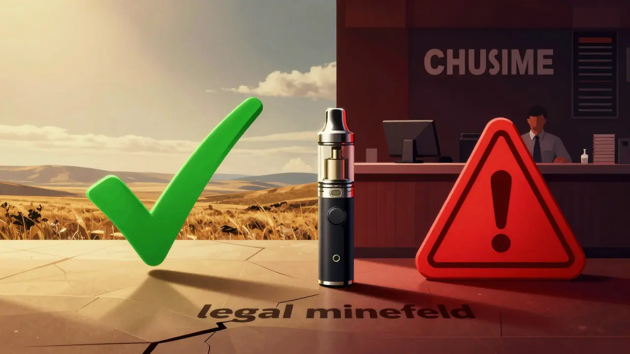 Konzeptbild zum rechtlichen Risiko beim Transport von Vapes zwischen USA und EU.