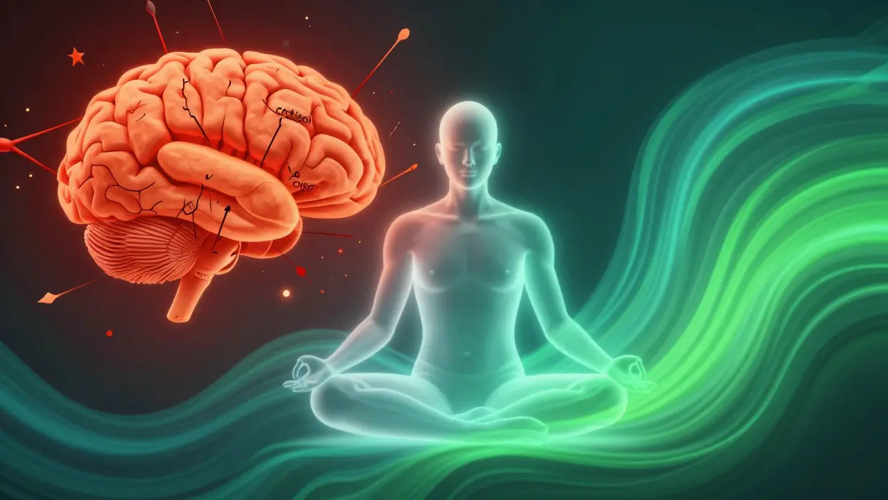 Konzeptionelle Darstellung von Stressabbau durch CBD als beruhigende Welle im Gehirn.