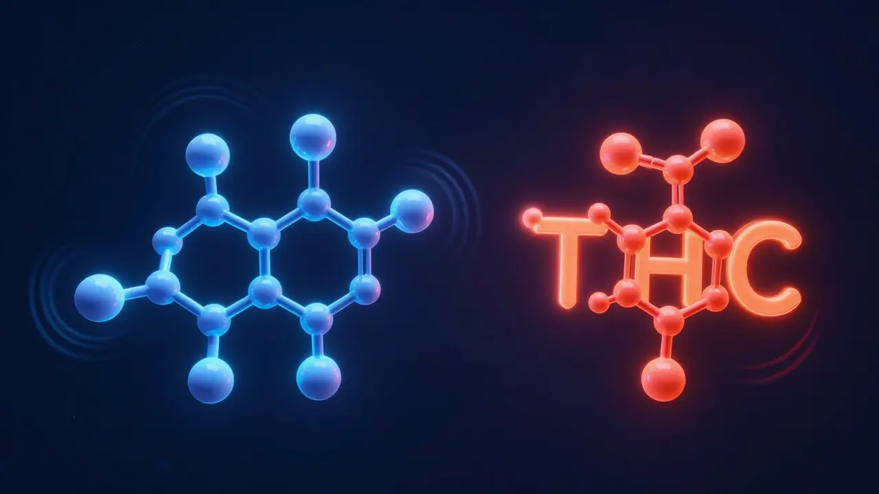 Konzeptuelle Darstellung der CBD- und THC-Moleküle in leuchtenden Farben.