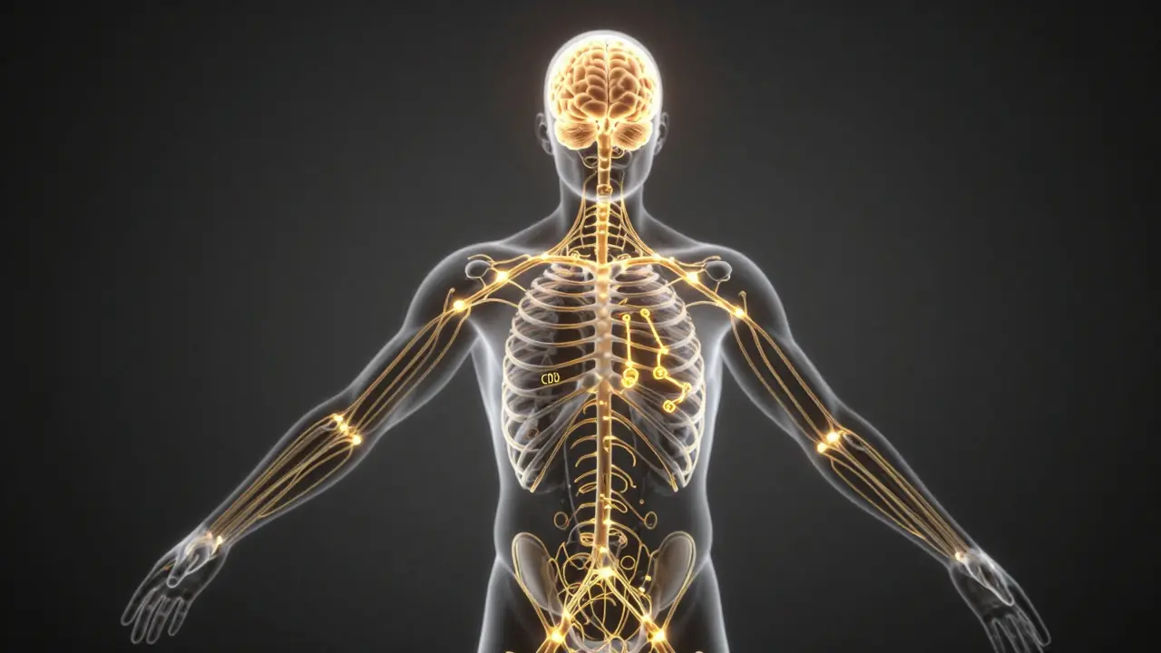 Konzeptuelle Darstellung des menschlichen Endocannabinoid-Systems mit leuchtenden goldenen Rezeptoren.