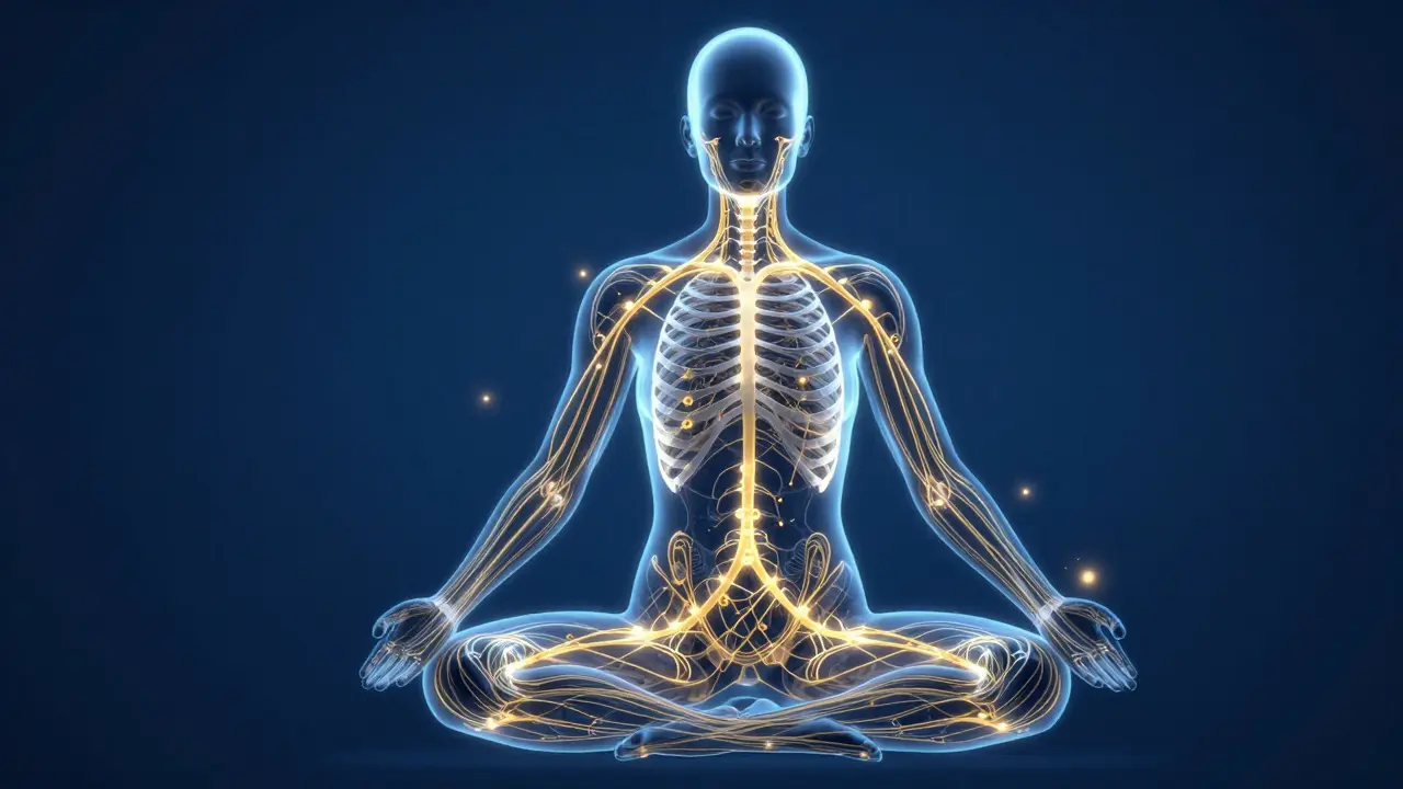 Konzepuelle Darstellung des Endocannabinoid-Systems als leuchtendes Netzwerk im Körper.