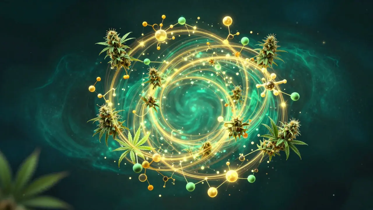 Künstlerische Darstellung des Entourage-Effekts mit leuchtenden Molekülen