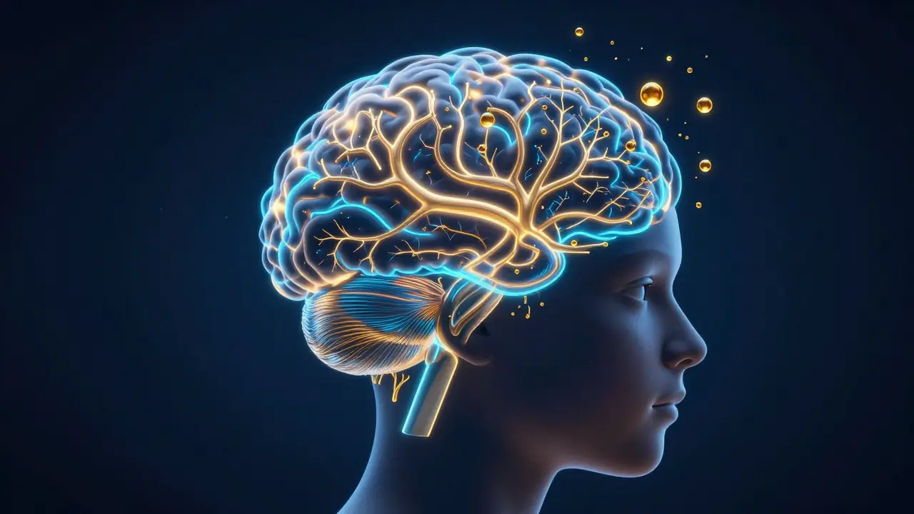 Künstlerische Darstellung eines jugendlichen Gehirns mit neuralen Netzwerken, die durch CBD beeinflußt werden.