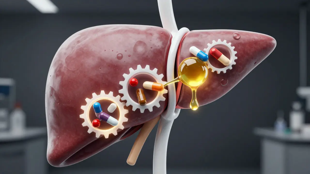 Medizinische Visualisierung der Leber, die zeigt, wie CBD-Öl den Abbau von Medikamenten blockiert.