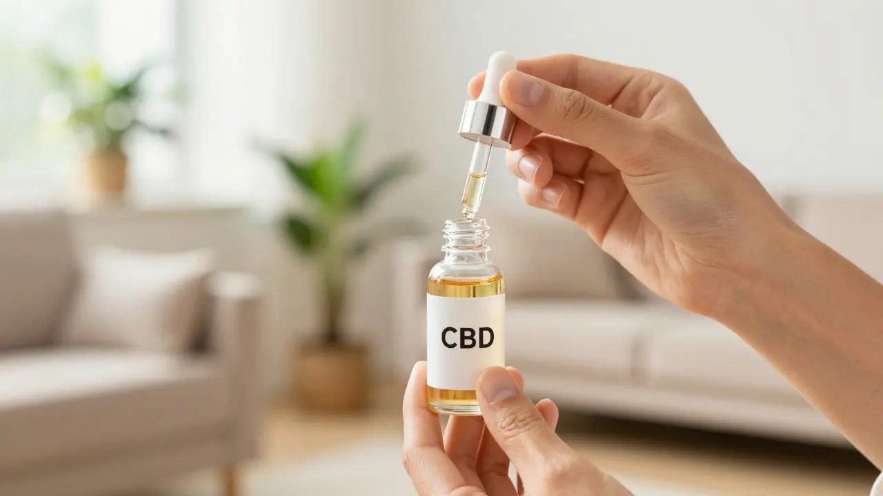 Nahaufnahme einer Hand, die eine Flasche mit legalem CBD-Öl in einem hellen Raum hält.