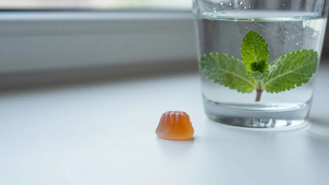 Nahaufnahme eines kleinen Gummibären und eines Wasszglases für vorsichtige Dosierung.