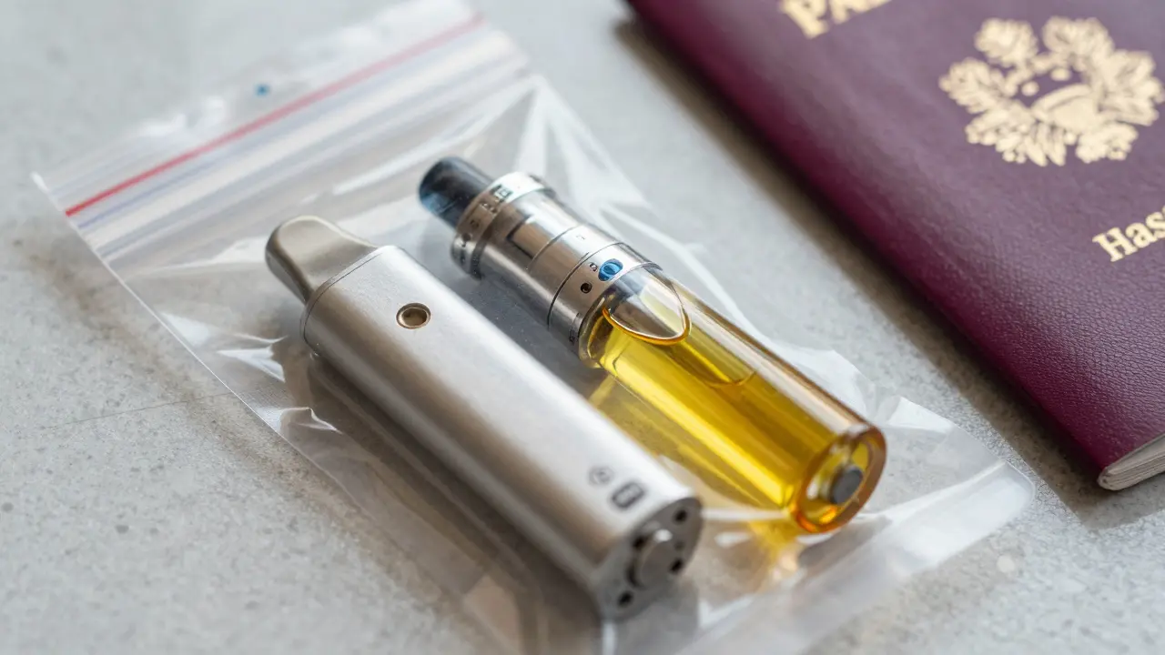 Nahaufnahme eines zerlegten Vape Pens in einem Plastikbeutel für das Handgepäck.