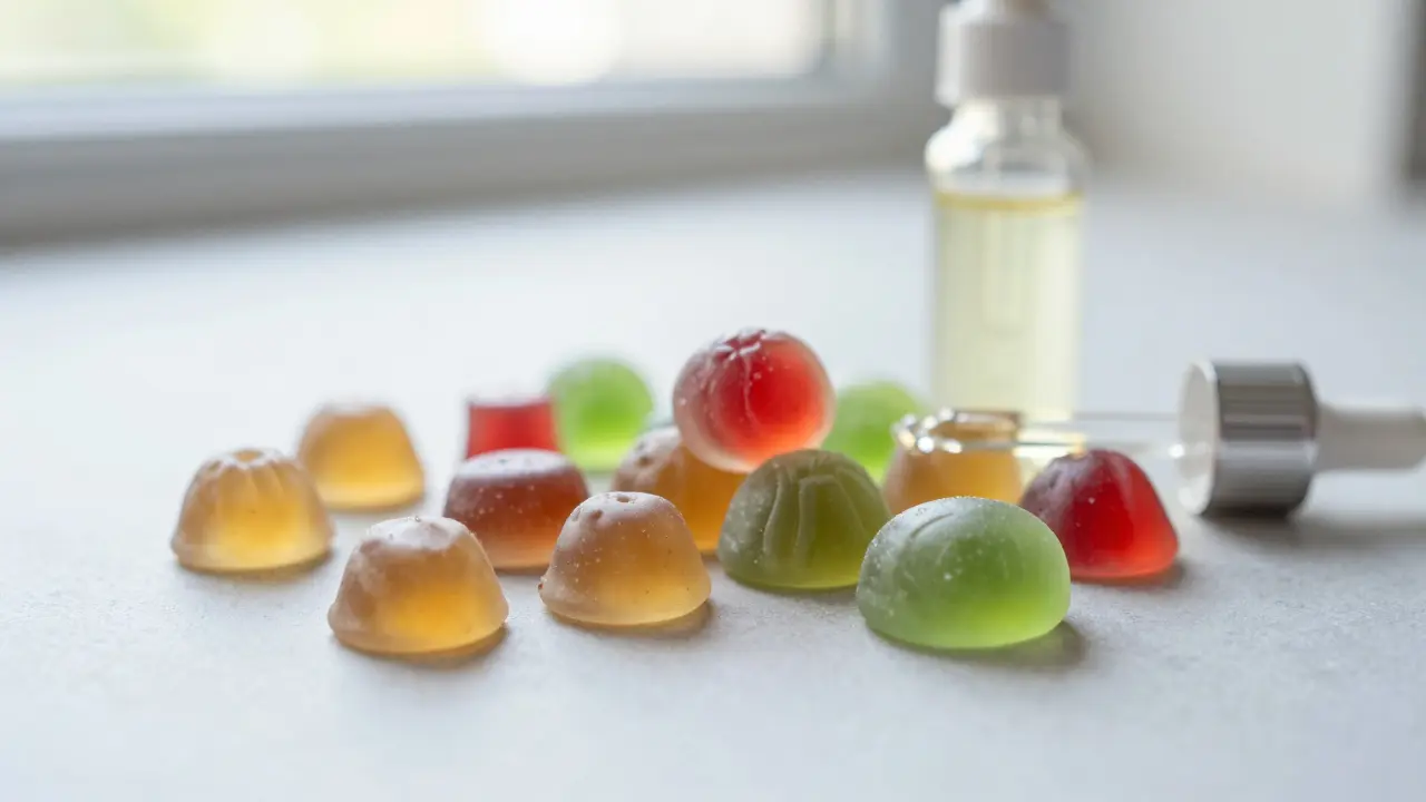 Nahaufnahme von verschiedenfarbigen CBD- und Delta-Gummies neben einer Ölflasche.