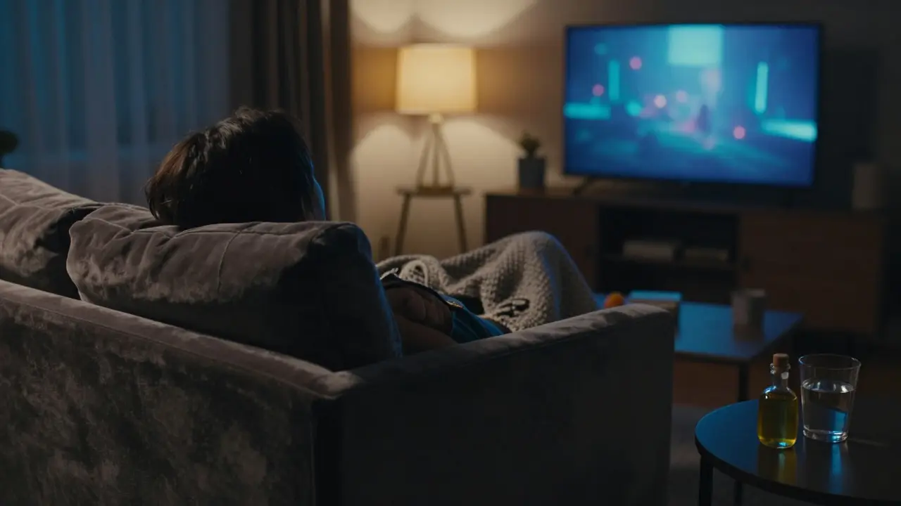 Person entspannt auf einem Sofa in einem gemütlich beleuchteten Wohnzimmer am Abend.