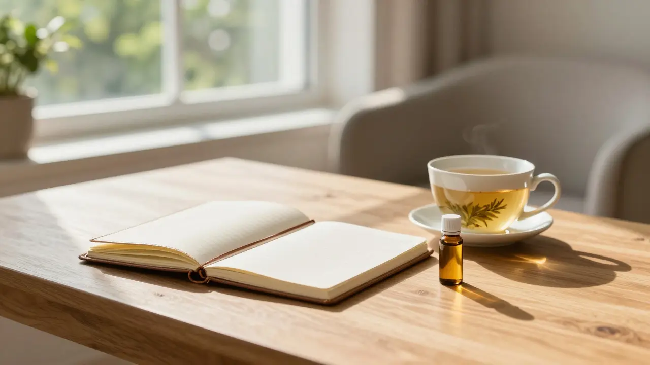 Ruhige Tischszene mit Notizbuch und Ölfialsymbol für bewusste Gesundheitsroutine