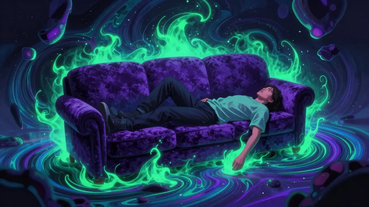 Surreale Darstellung eines Menschen, der in ein Sofa sinkt, umgeben von psychedelischen Farben
