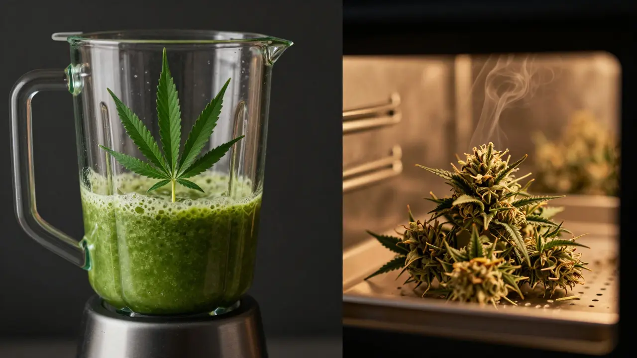 Vergleich zwischen einem grünen Cannabis-Smoothie und erhitztem Cannabis.