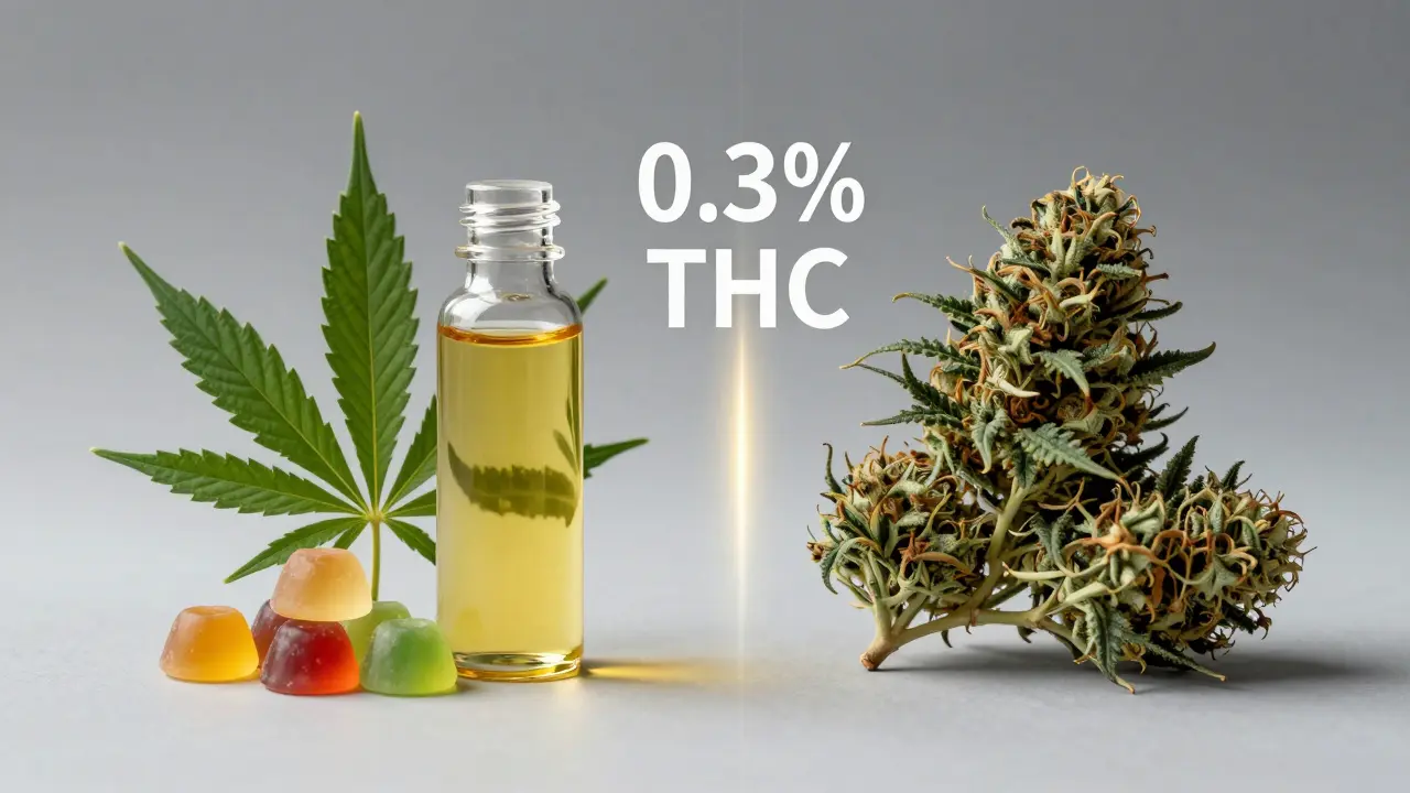 Vergleich zwischen Hanfblättern mit CBD-Öl und Marijuana-Blüten zur Veranschaulichung der Unterschiede.